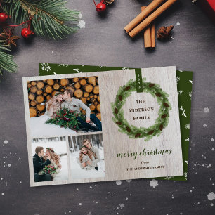 Farmhouse Pine Wreath Merry Christmas 3 Photo Holiday Card