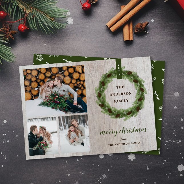 Farmhouse Pine Wreath Merry Christmas 3 Photo Holiday Card (Creator Uploaded)