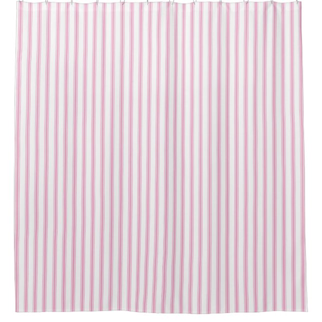 Farmhouse Pink Vintage Ticking Stripe Shower Curtain (Front)
