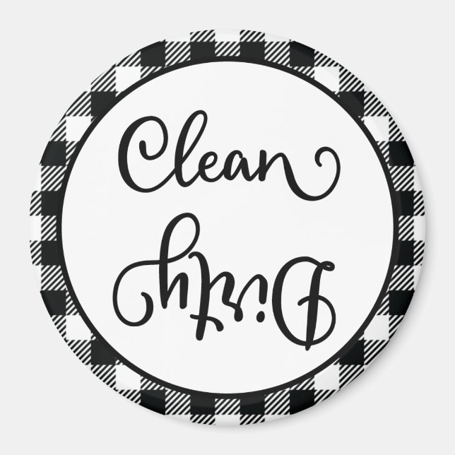 Farmhouse Plaid Black White Clean Dirty Dishwasher Magnet (Front)