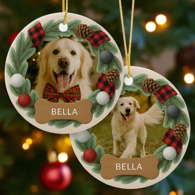 Farmhouse Plaid Dog Name Photo Holiday Christmas Ceramic Tree Decoration (Creator Uploaded)