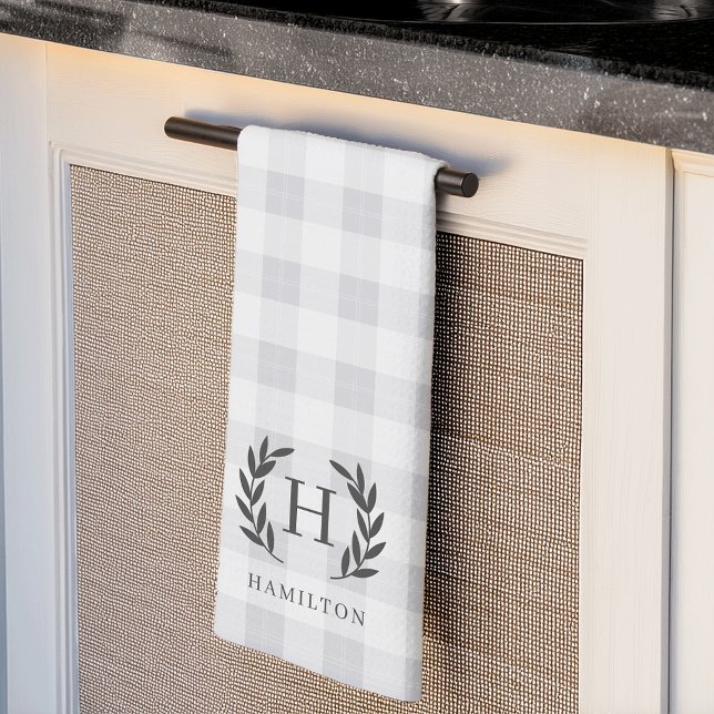 Farmhouse Plaid Laurel Monogram & Name Tea Towel (Creator Uploaded)