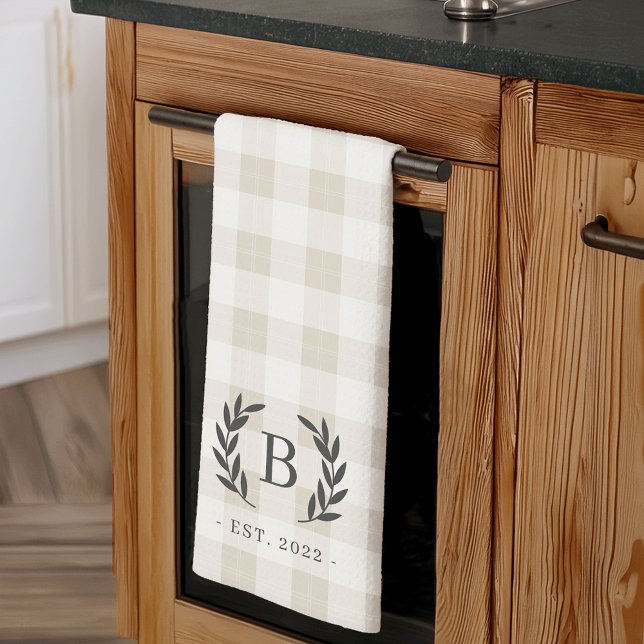 Farmhouse Plaid Laurel Monogram & Year Established Tea Towel (Creator Uploaded)
