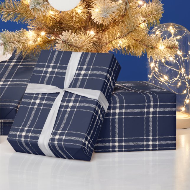 Farmhouse plaid navy off white hand drawn country wrapping paper (Holidays)