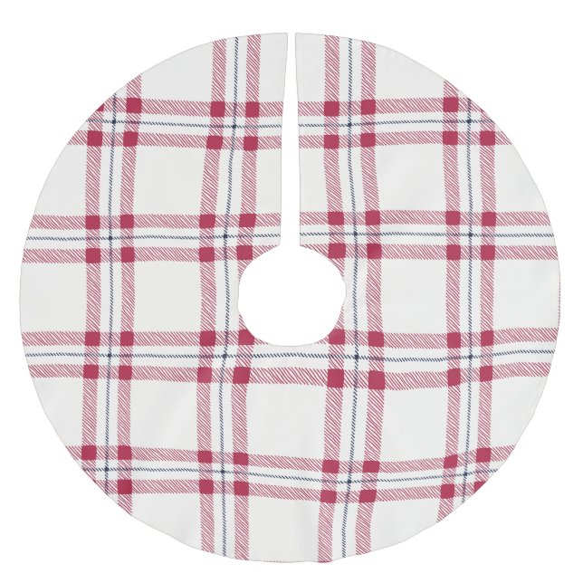 Farmhouse plaid off white navy red hand drawn cute brushed polyester tree skirt (Front)