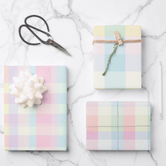 Farmhouse Plaid Pastel Pink Yellow Blue Mix Wrapping Paper Sheet (Front)