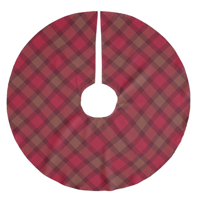 Farmhouse plaid red wine gold diagonal pattern brushed polyester tree skirt (Front)
