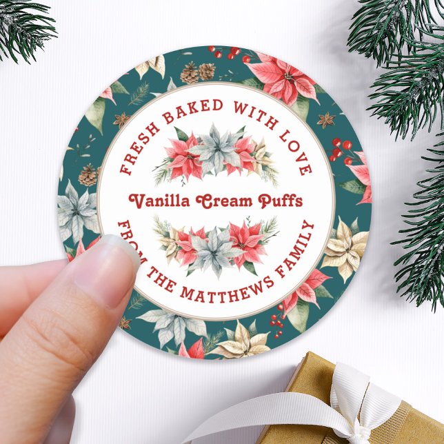Farmhouse Poinsettia Baked with Love Christmas Classic Round Sticker (Creator Uploaded)