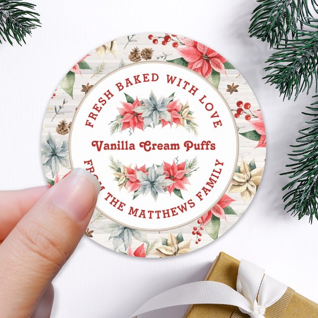 Farmhouse Poinsettia Baked with Love Shiplap Wood Classic Round Sticker (Creator Uploaded)