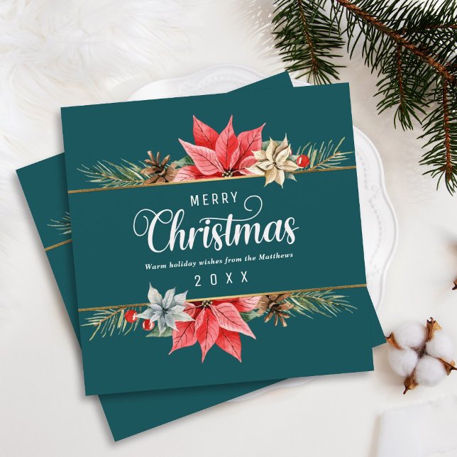 Farmhouse Poinsettia Gold Framed Square Christmas Holiday Card (Creator Uploaded)