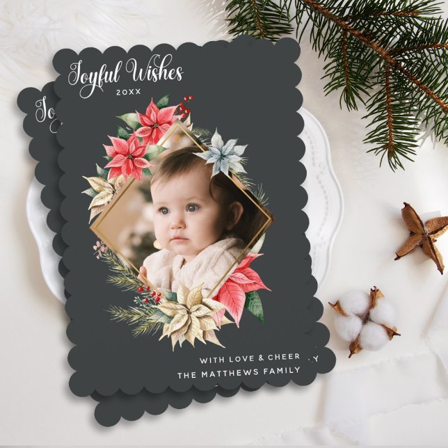 Farmhouse Poinsettia Joyful Wishes Diamond Photo Holiday Card (Creator Uploaded)