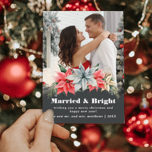 Farmhouse Poinsettia Married & Bright Newlyweds Holiday Card