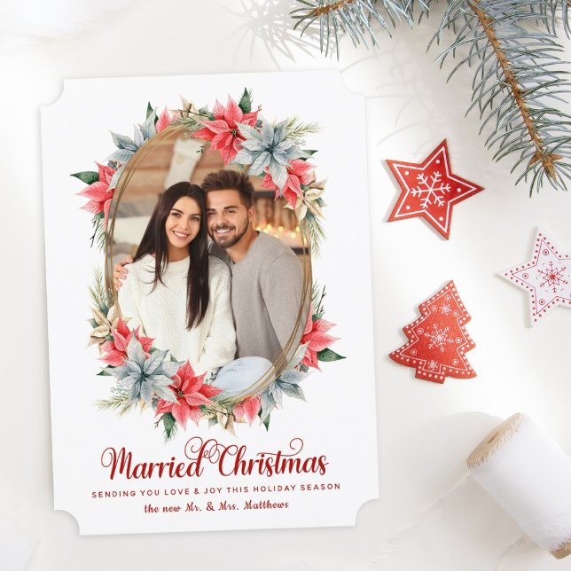 Farmhouse Poinsettia Married Christmas Newlyweds Holiday Card (Creator Uploaded)