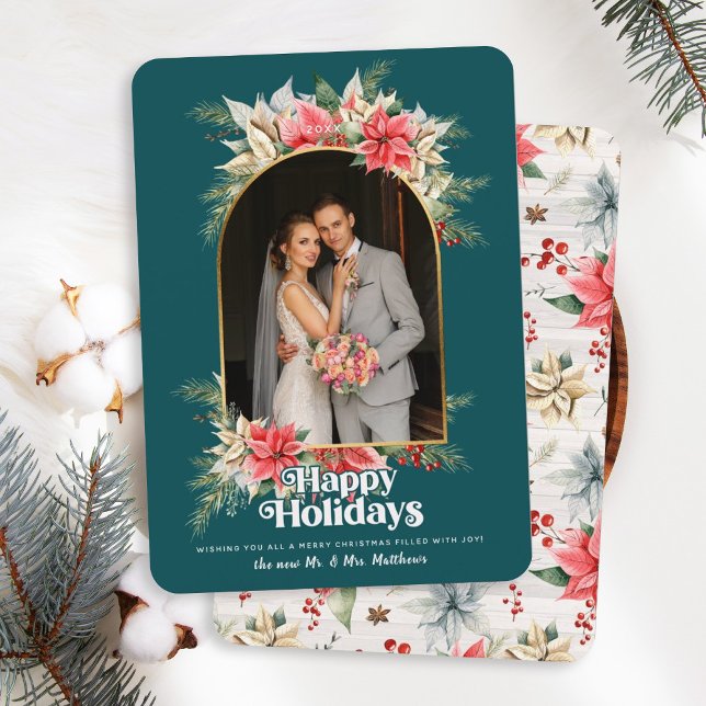 Farmhouse Poinsettia Newlywed Arched Wedding Photo Holiday Card (Creator Uploaded)