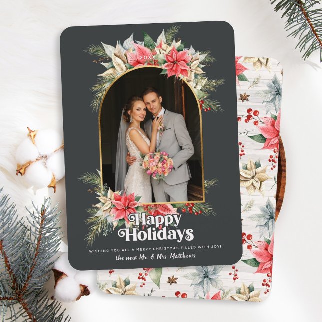Farmhouse Poinsettia Newlywed Arched Wedding Photo Holiday Card (Creator Uploaded)