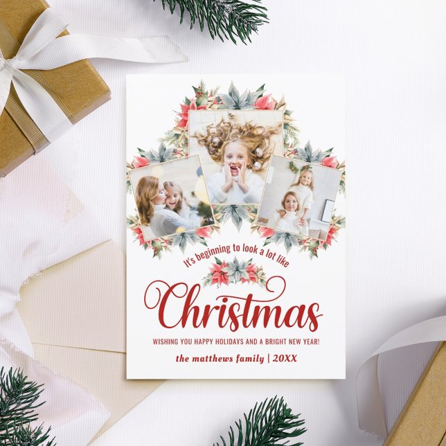 Farmhouse Poinsettia Red & White 3 Photo Collage Holiday Card (Creator Uploaded)