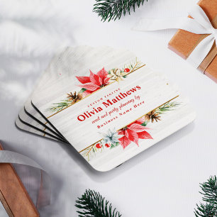 Farmhouse Poinsettia Rustic Chic Wood Square Business Card