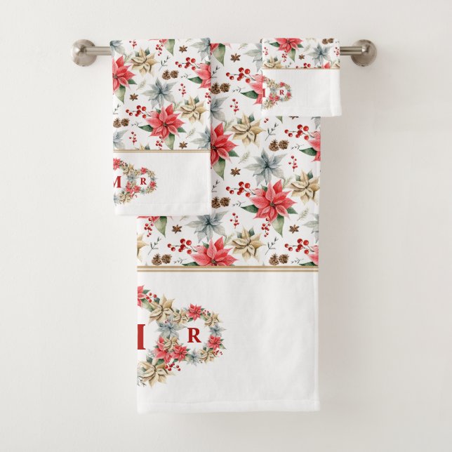 Farmhouse Poinsettia Rustic Christmas Monogrammed Bath Towel Set (Insitu)