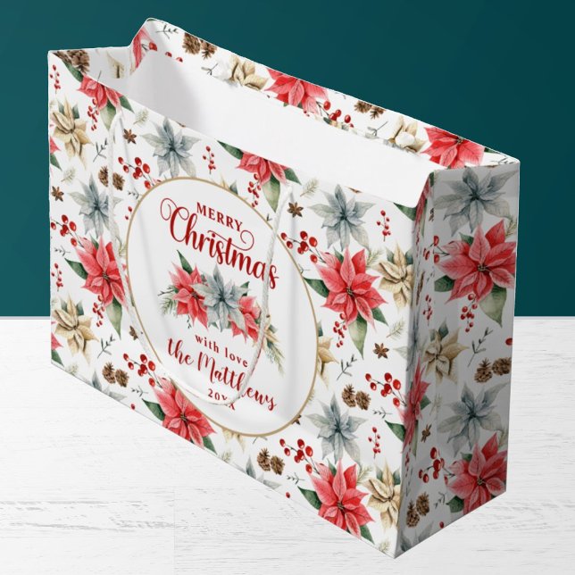 Farmhouse Poinsettia Rustic Merry Christmas Large Gift Bag (Creator Uploaded)
