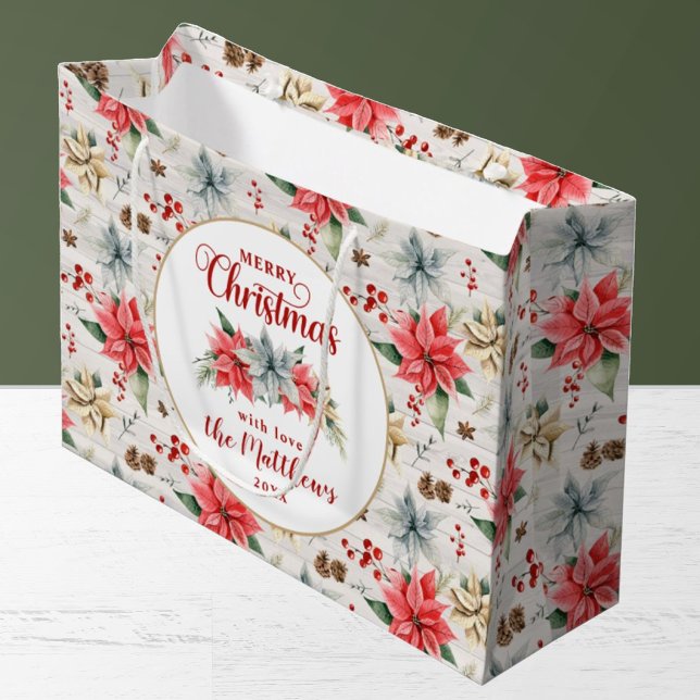 Farmhouse Poinsettia Rustic Merry Christmas Wood Large Gift Bag (Creator Uploaded)