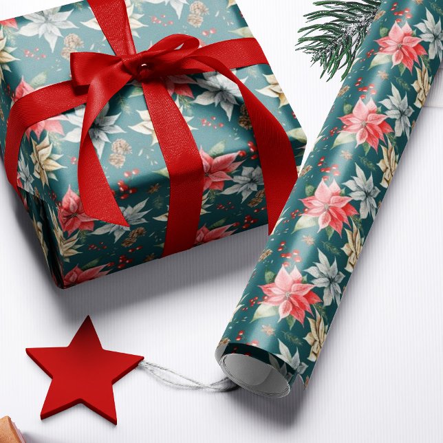 Farmhouse Poinsettia Teal Rustic Christmas Wrapping Paper (Creator Uploaded)