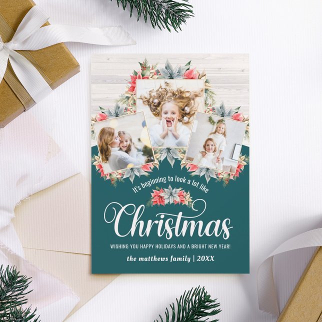 Farmhouse Poinsettia Teal & Wood 3 Photo Collage Holiday Card (Creator Uploaded)