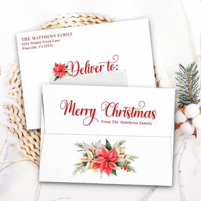 Farmhouse Poinsettia White A7 5x7 Christmas Card Envelope (Creator Uploaded)