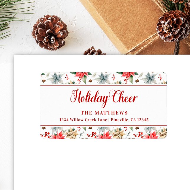 Farmhouse Poinsettia White Rustic Holiday Cheer Label (Creator Uploaded)