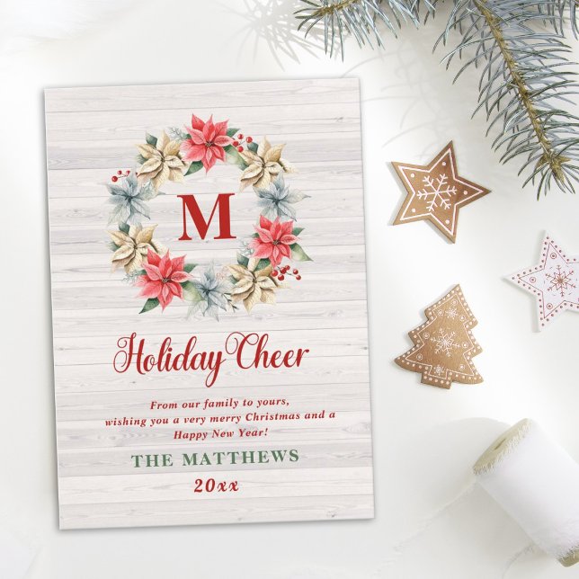 Farmhouse Poinsettia Wreath with Letter Monogram Holiday Card (Creator Uploaded)