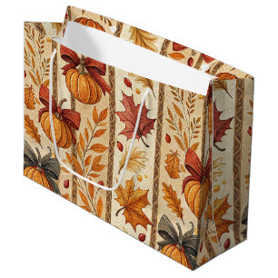 Farmhouse Pumpkin Bow Autumn Pattern Large Gift Bag