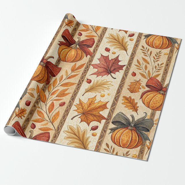 Farmhouse Pumpkin Bow Autumn Pattern Wrapping Paper (Unrolled)