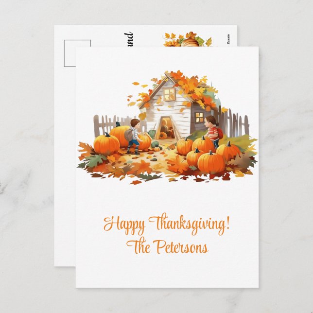 Farmhouse Pumpkins Happy Thanksgiving Holiday Postcard (Front/Back)