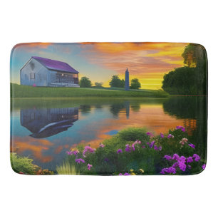 Farmhouse Purple Roof Pond at Sunrise Bath Mat