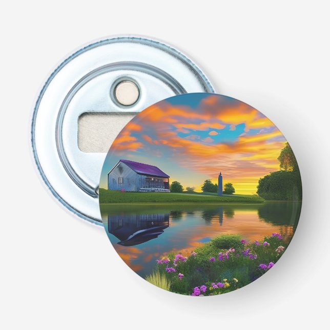 Farmhouse Purple roof Pond at Sunrise Bottle Opener (Front)