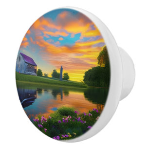 Farmhouse Purple Roof Pond at Sunrise Ceramic Knob