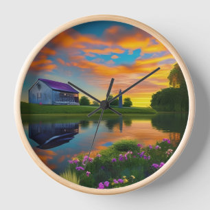Farmhouse Purple Roof Pond at Sunrise Clock