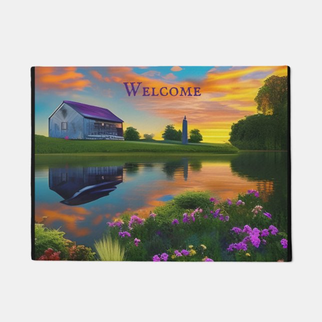 Farmhouse Purple Roof Pond at Sunrise  Doormat (Front)
