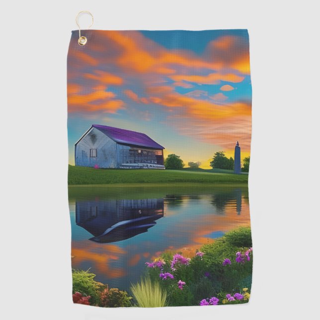 Farmhouse Purple Roof Pond at Sunrise  Golf Towel (Front)