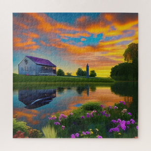 Farmhouse Purple Roof Pond at Sunrise  Jigsaw Puzzle