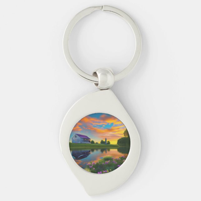 Farmhouse Purple roof Pond at Sunrise  Key Ring (Front)