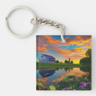 Farmhouse Purple roof Pond at Sunrise Key Ring