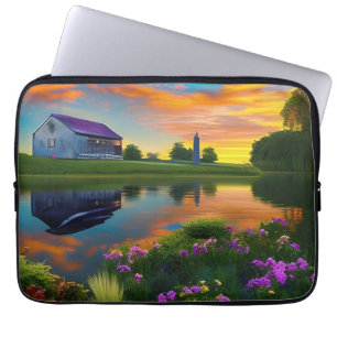 Farmhouse Purple roof Pond at Sunrise   Laptop Sleeve