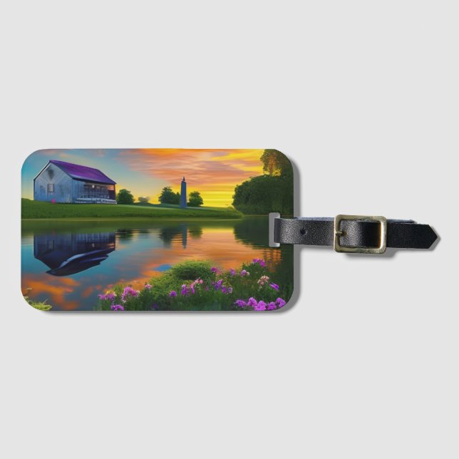 Farmhouse Purple roof Pond at Sunrise   Luggage Tag (Front Horizontal)
