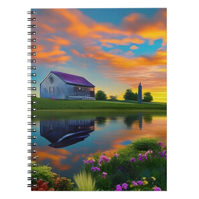 Farmhouse Purple Roof Pond at Sunrise  Notebook (Front)