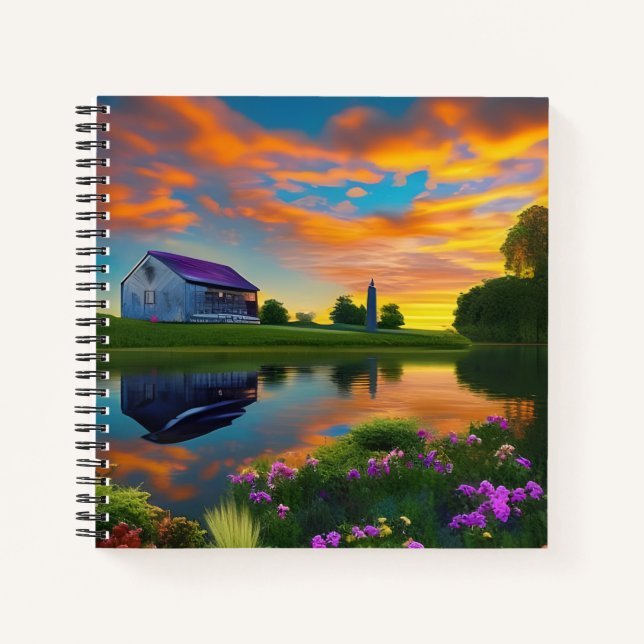 Farmhouse Purple Roof Pond at Sunrise Notebook (Front)