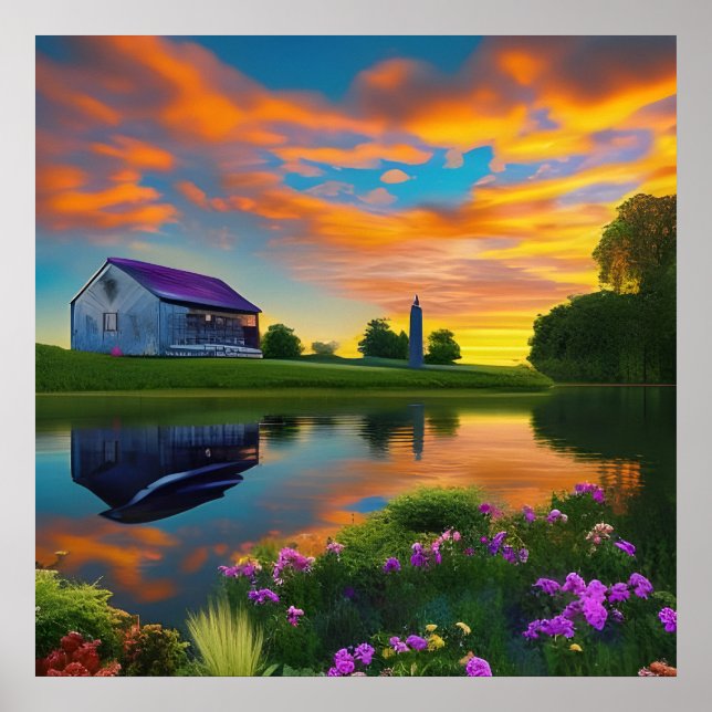Farmhouse Purple roof Pond at Sunrise Poster (Front)
