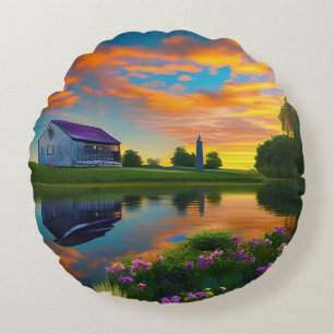 Farmhouse Purple Roof Pond at Sunrise  Round Cushion