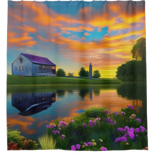 Farmhouse Purple Roof Pond at Sunrise Shower Curtain