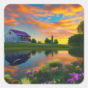 Farmhouse Purple roof Pond at Sunrise   Square Sticker