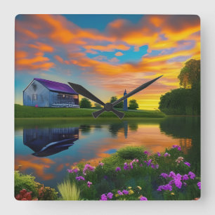 Farmhouse Purple Roof Pond at Sunrise  Square Wall Clock